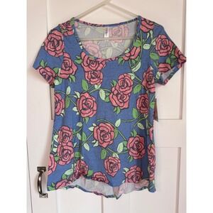 NWT LuLaRe Classic T Blue Top Roses Vines Hi Low Hem Women's Size Small Cotton